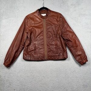 VTG Old Navy Brown Genuine Leather Moto Jacket Womens L Y2K Full Zip Biker